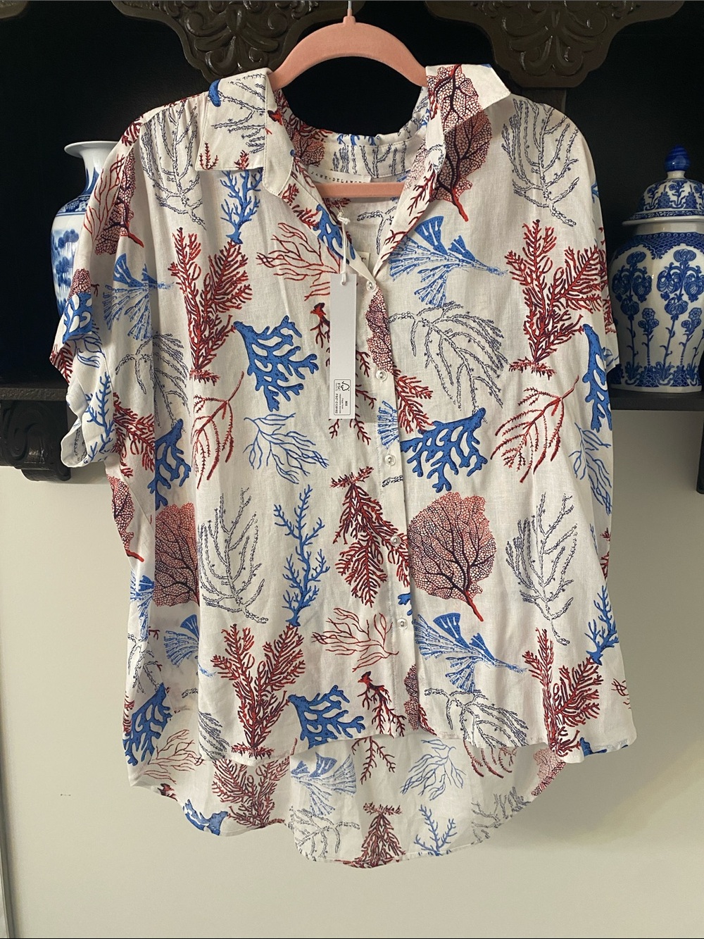 Jane and Delancey Cream Button-Up Shirt with Blue and Red Coral Print